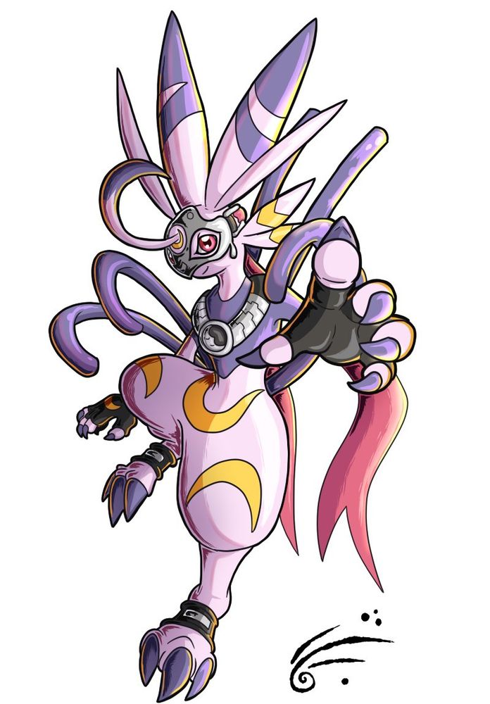 Lekismon, a bipedal pink bunny-like Digimon with crescent moon patterns on the body