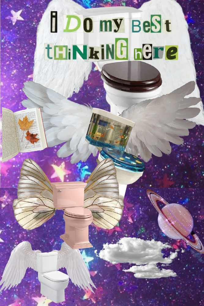 A digital collage of toilets with angel wings in outer space, flying near Saturn. There is also a book with two leaves inside of it. At the top in magazine cutout letters it says "I do my best thinking here"