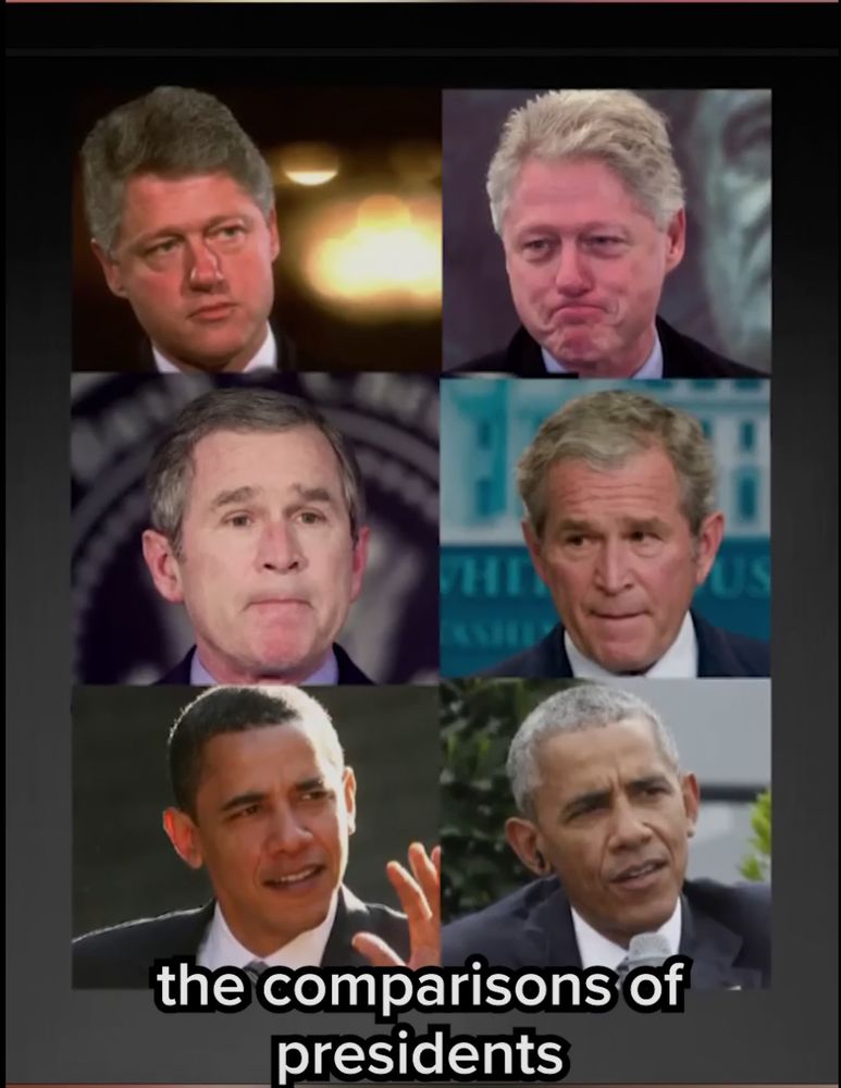 Paired photos of Bill Clinton, George W. Bush and Barack Obama. On the left, how they looked on entering the presidency. On the right, how they looked on exiting.