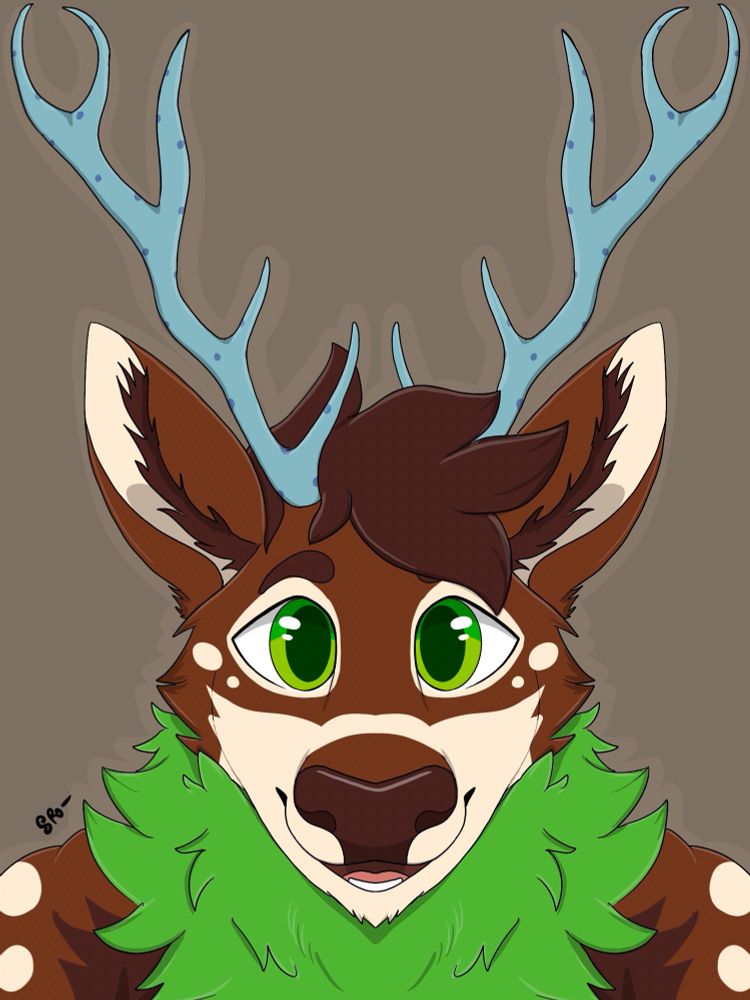 A headshot drawing of Tsoya! He has light green neck floof, darker brown regular fur with cream coloured highlights on the shoulders, face and ears. He has light blue antlers with darker blue spots.