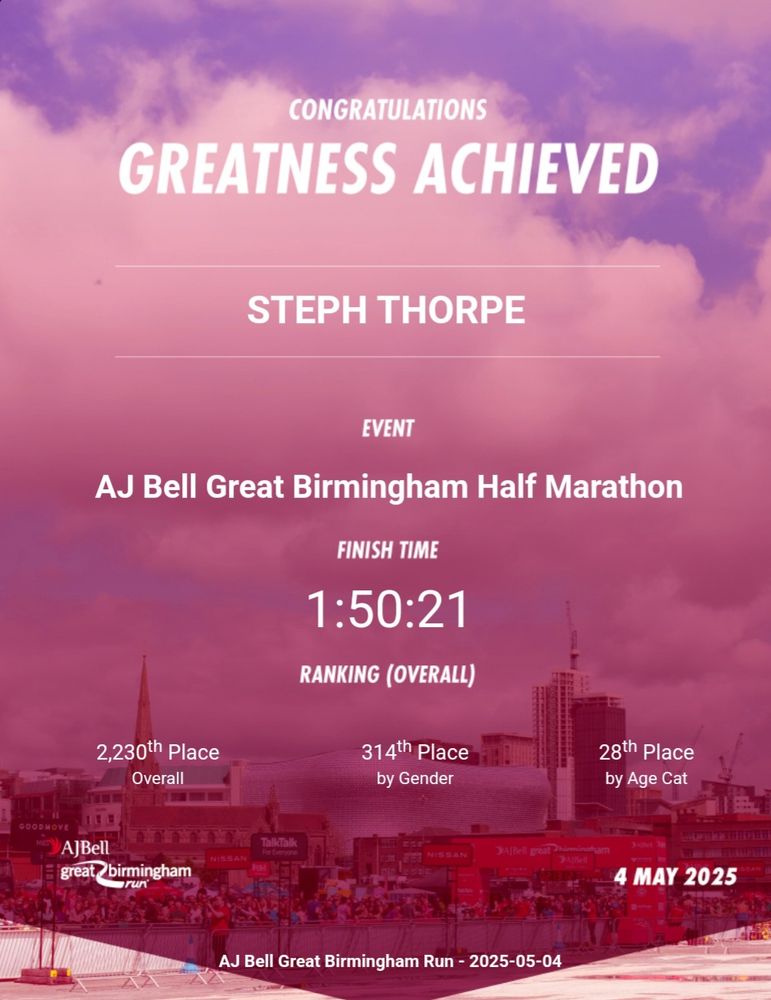 AJ Bell Great Birmingham Run certificate. Time 1:50:21. 28th by Age Category!