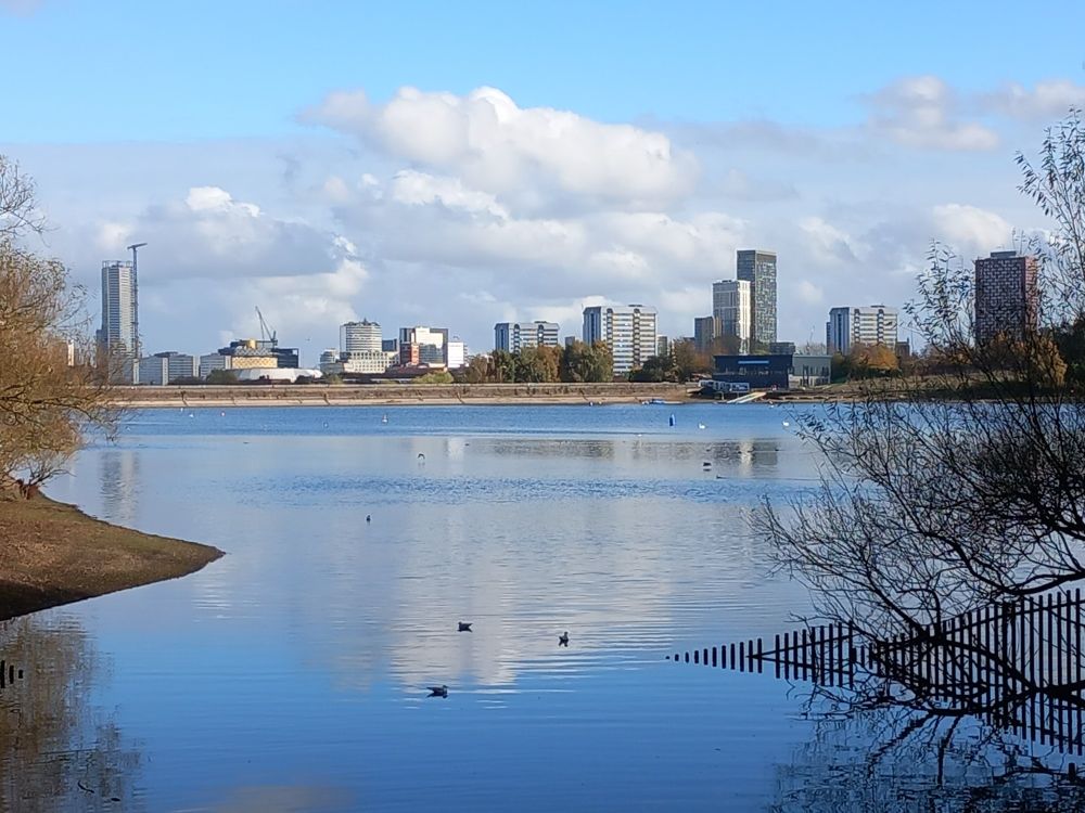 Skyline of Birmingham City Centre viewed from Edgbaston Reservoir in 2024. Many more skyscrapers on Broad Street can be seen
