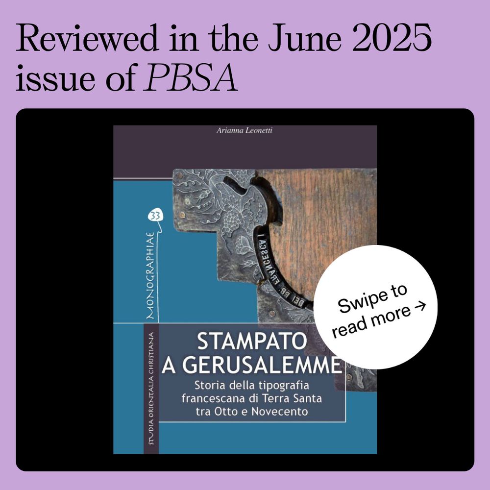 Black headline text on a purple background with information about an article in a recent issue of The Papers of the Bibliographical Society of America, with an image of the cover of the book reviewed situated on a black field.