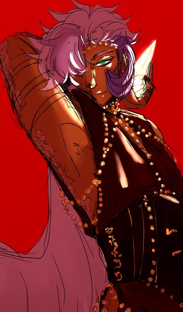 My main OC Lucky, in black and gold clothes and jewelry, holding a clear crystal and looking confident ✨