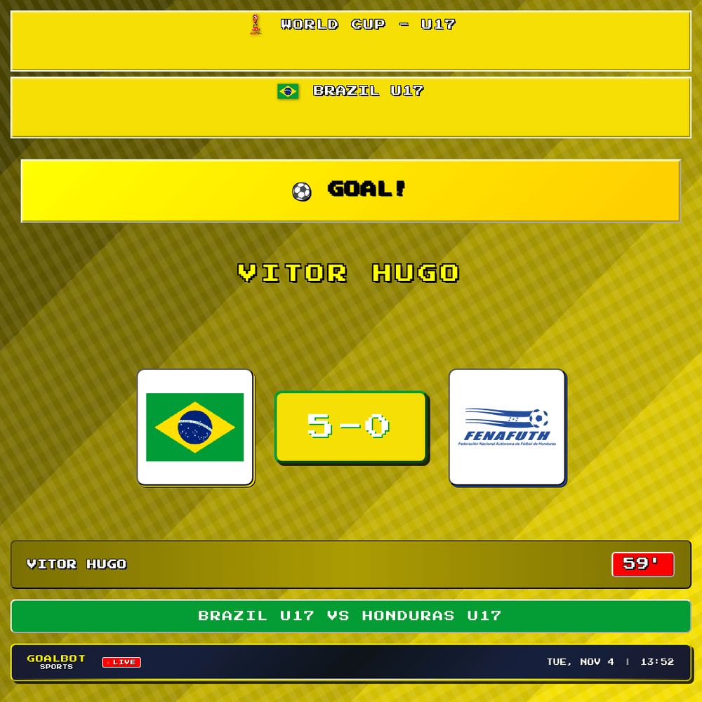 GOAL! 59' — Vitor Hugo scores for Brazil U17. Brazil U17 5–0 Honduras U17. World Cup - U17

#brazilu17 #hondurasu17