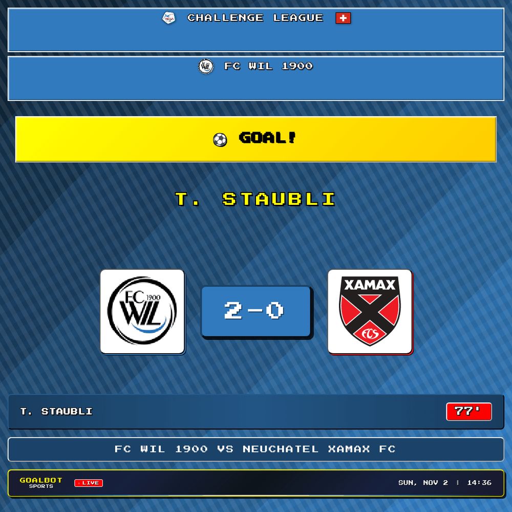 GOAL! 77' — T. Staubli scores for FC WIL 1900. FC WIL 1900 2–0 Neuchatel Xamax FC. Challenge League

#fcwil1900 #neuchatelxamaxfc