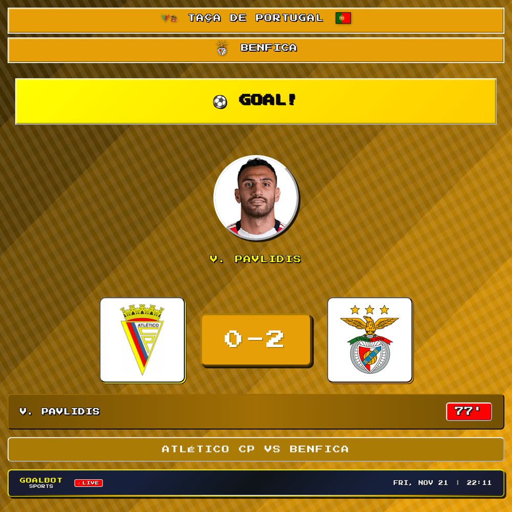 GOAL! 77' — V. Pavlidis scores for Benfica. Atlético CP 0–2 Benfica. Taça de Portugal

#atleticocp #benfica