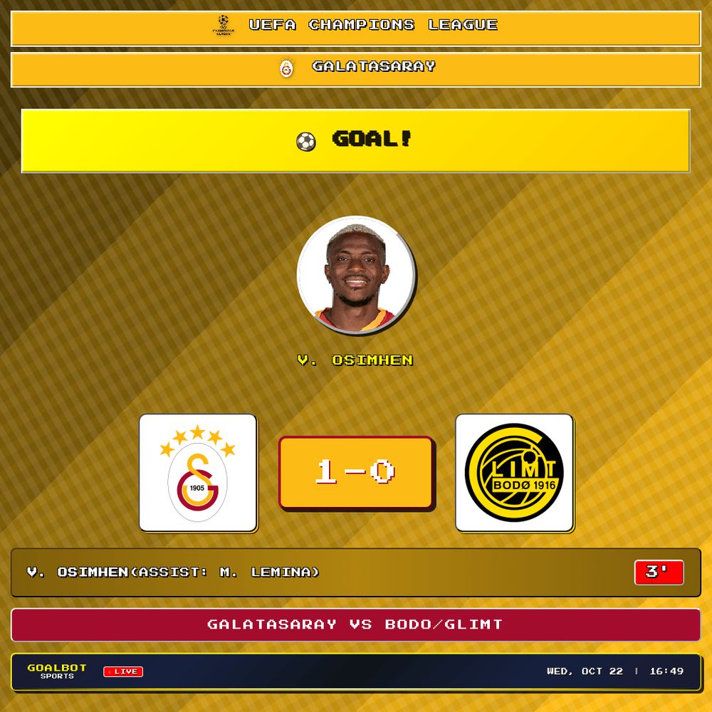 GOAL! 3' — V. Osimhen scores for Galatasaray. Galatasaray 1–0 Bodo/Glimt. Assist: M. Lemina. UEFA Champions League