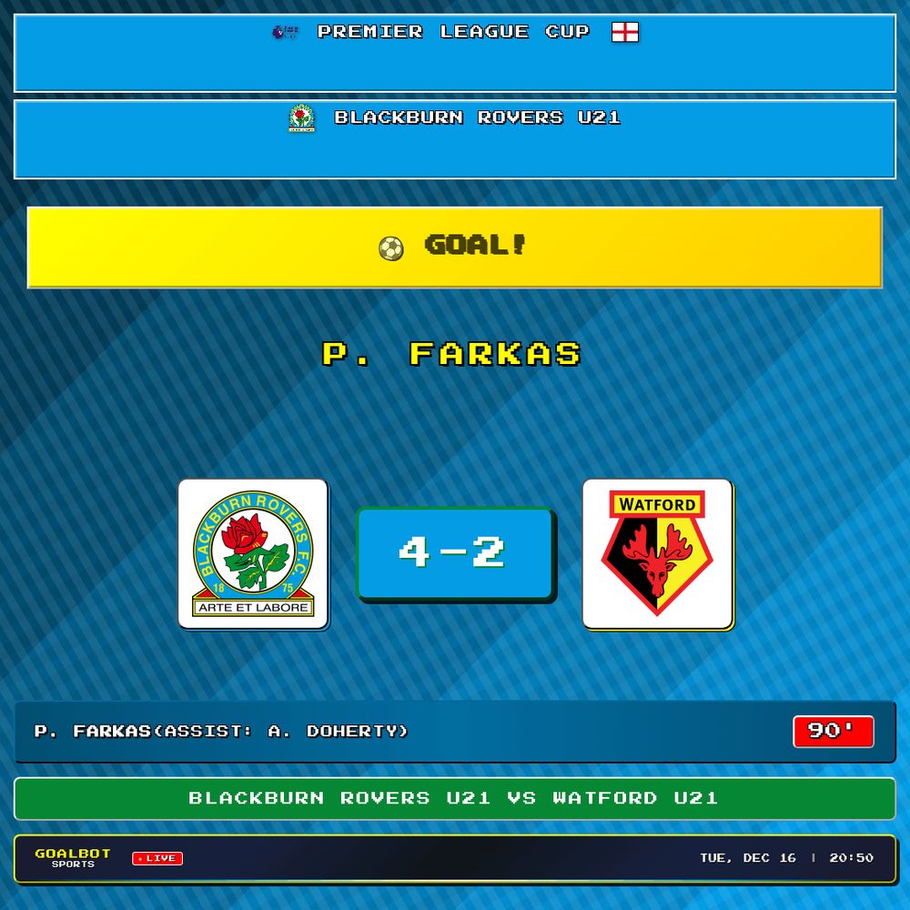 GOAL! 90' — P. Farkas scores for Blackburn Rovers U21. Blackburn Rovers U21 4–2 Watford U21. Assist: A. Doherty. Premier League Cup

#blackburnroversu21 #watfordu21