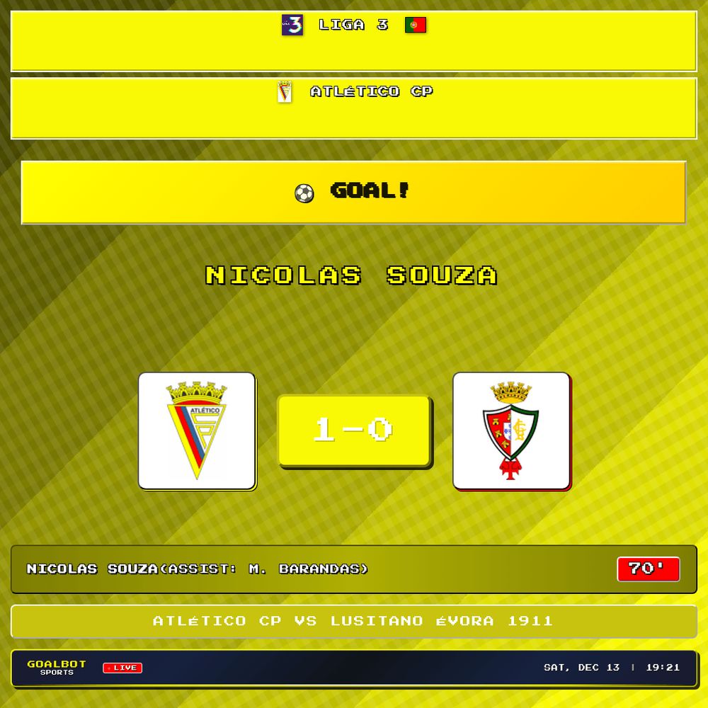 GOAL! 70' — Nicolas Souza scores for Atlético CP. Atlético CP 1–0 Lusitano Évora 1911. Assist: M. Barandas. Liga 3

#atleticocp #lusitanoevora1911