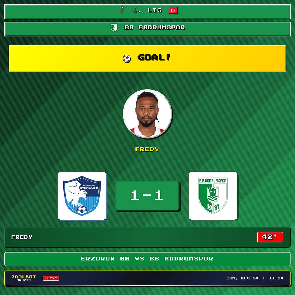GOAL! 42' — Fredy scores for BB Bodrumspor. Erzurum BB 1–1 BB Bodrumspor. 1. Lig

#erzurumbb #bbbodrumspor
