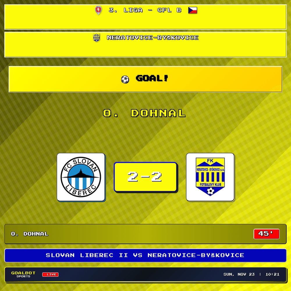 GOAL! 45' — O. Dohnal scores for Neratovice-Byškovice. Slovan Liberec II 2–2 Neratovice-Byškovice. 3. liga - CFL B

#slovanliberecii #neratovicebyskovice