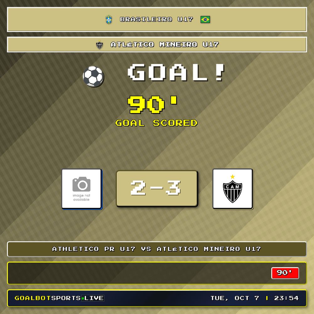 GOAL! 90' — Atlético Mineiro U17. Athletico PR U17 2–3 Atlético Mineiro U17. Brasileiro U17