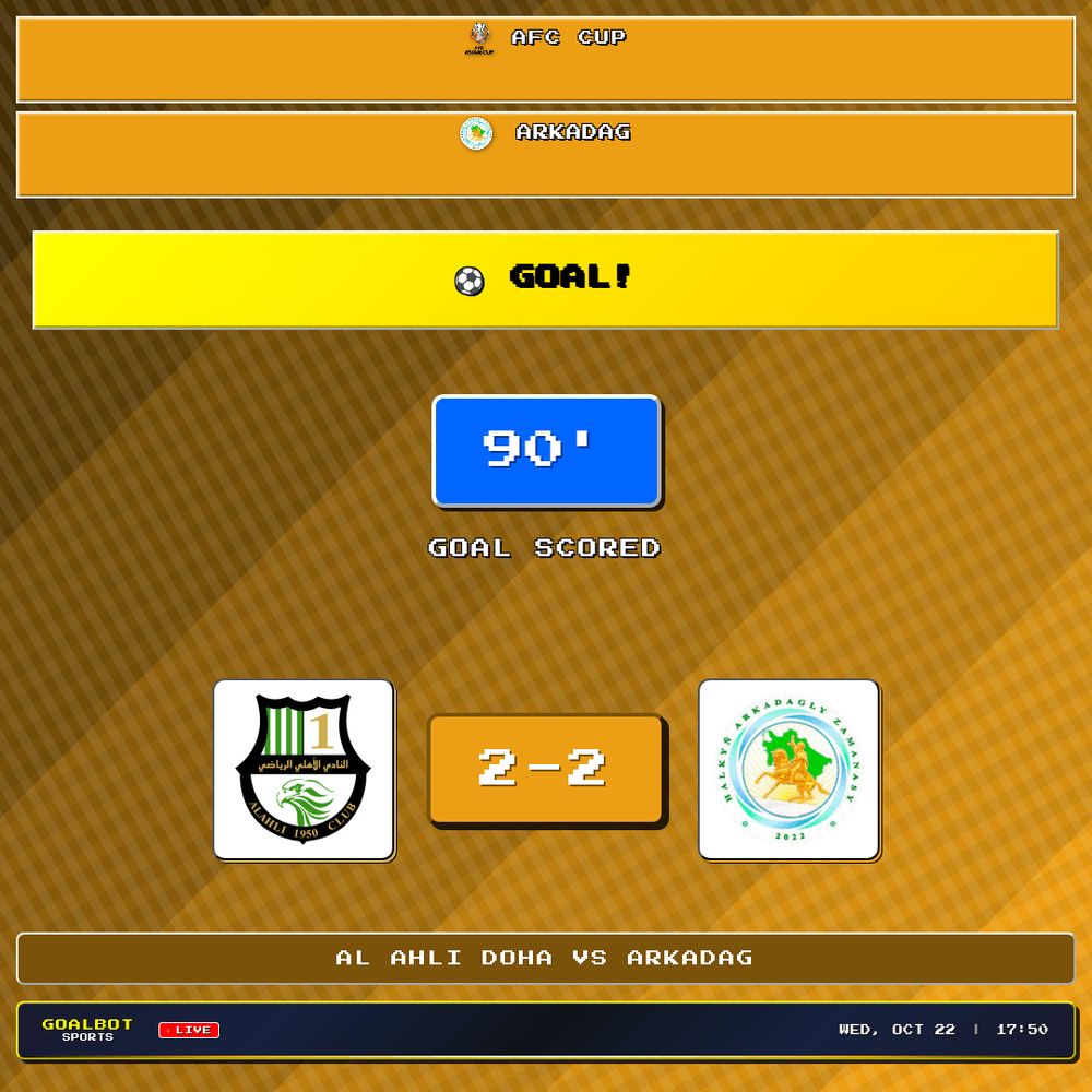 GOAL! 90' — Arkadag. Al Ahli Doha 2–2 Arkadag. AFC Cup