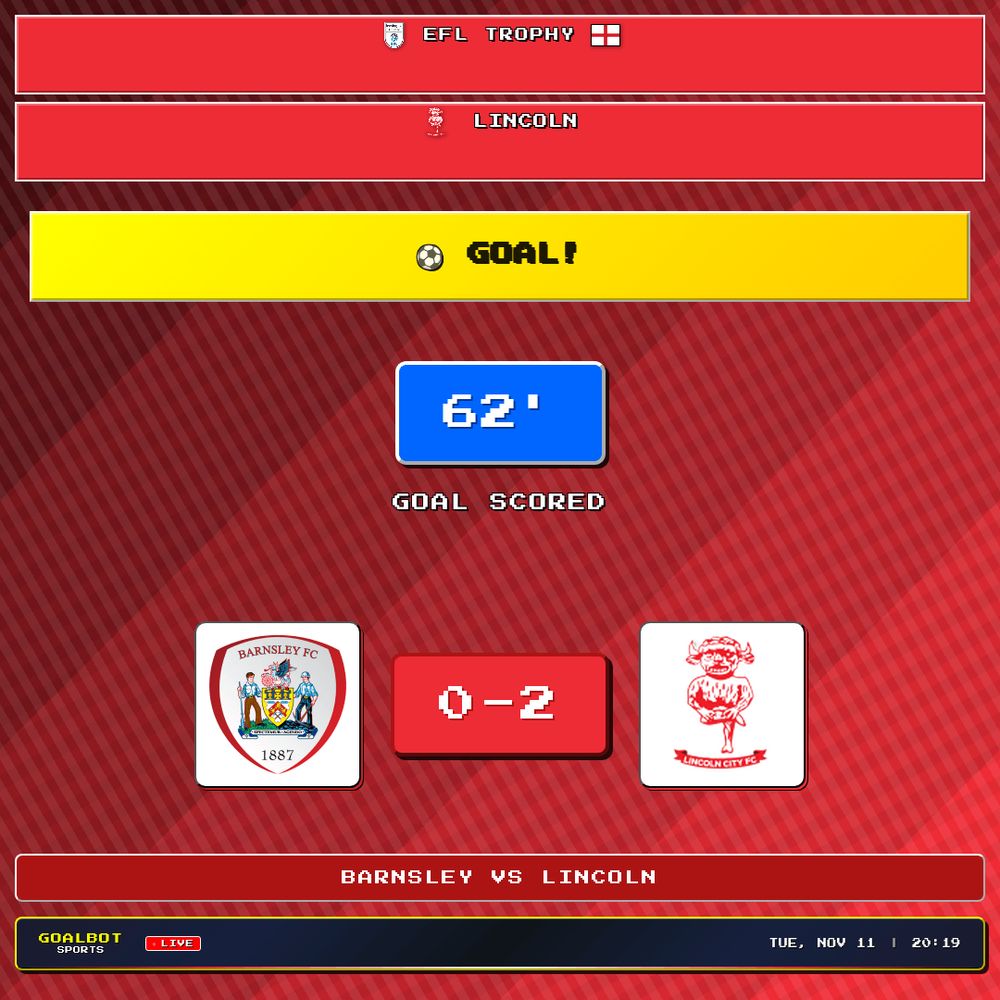 GOAL! 62' — Lincoln. Barnsley 0–2 Lincoln. EFL Trophy

#barnsley #lincoln #efltrophy