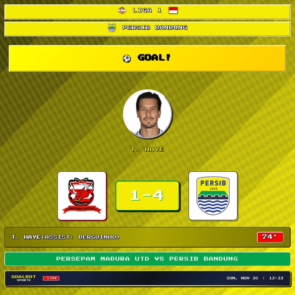 GOAL! 74' — T. Haye scores for Persib Bandung. Persepam Madura Utd 1–4 Persib Bandung. Assist: Berguinho. Liga 1

#persepammadurautd #persibbandung