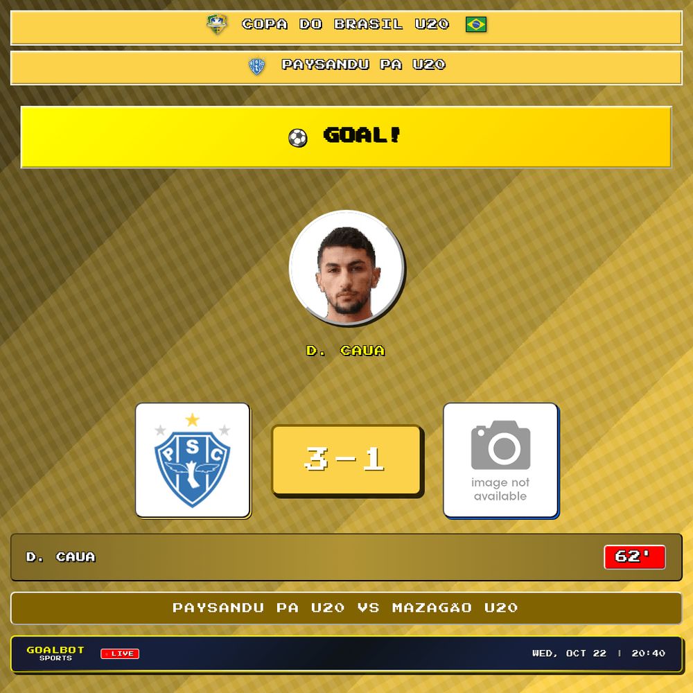GOAL! 62' — D. Caua scores for Paysandu PA U20. Paysandu PA U20 3–1 Mazagão U20. Copa do Brasil U20