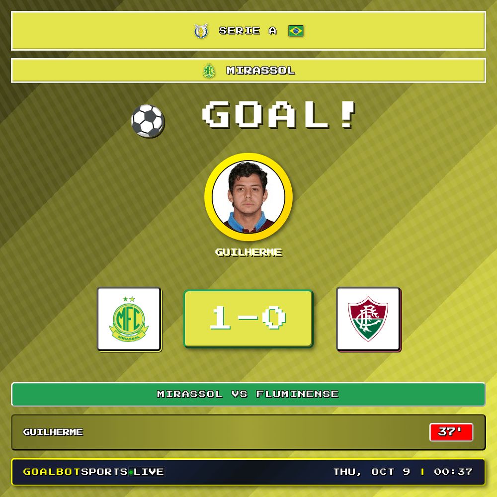 GOAL! 37' — Guilherme scores for Mirassol. Mirassol 1–0 Fluminense. Serie A