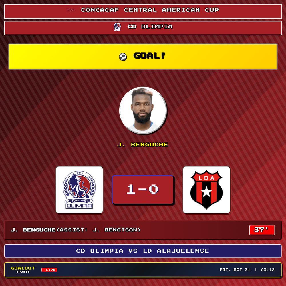 GOAL! 37' — J. Benguche scores for CD Olimpia. CD Olimpia 1–0 LD Alajuelense. Assist: J. Bengtson. Concacaf Central American Cup

#cdolimpia #ldalajuelense