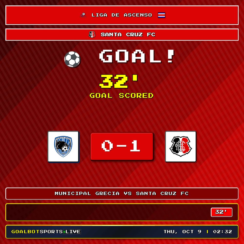GOAL! 32' — Santa Cruz FC. Municipal Grecia 0–1 Santa Cruz FC. Liga de Ascenso