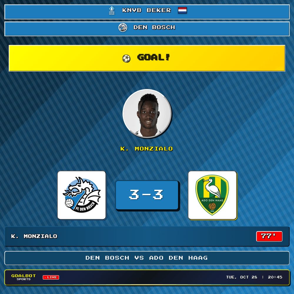 GOAL! 77' — K. Monzialo scores for Den Bosch. Den Bosch 3–3 ADO Den Haag. KNVB Beker

#denbosch #adodenhaag #knvbbeker