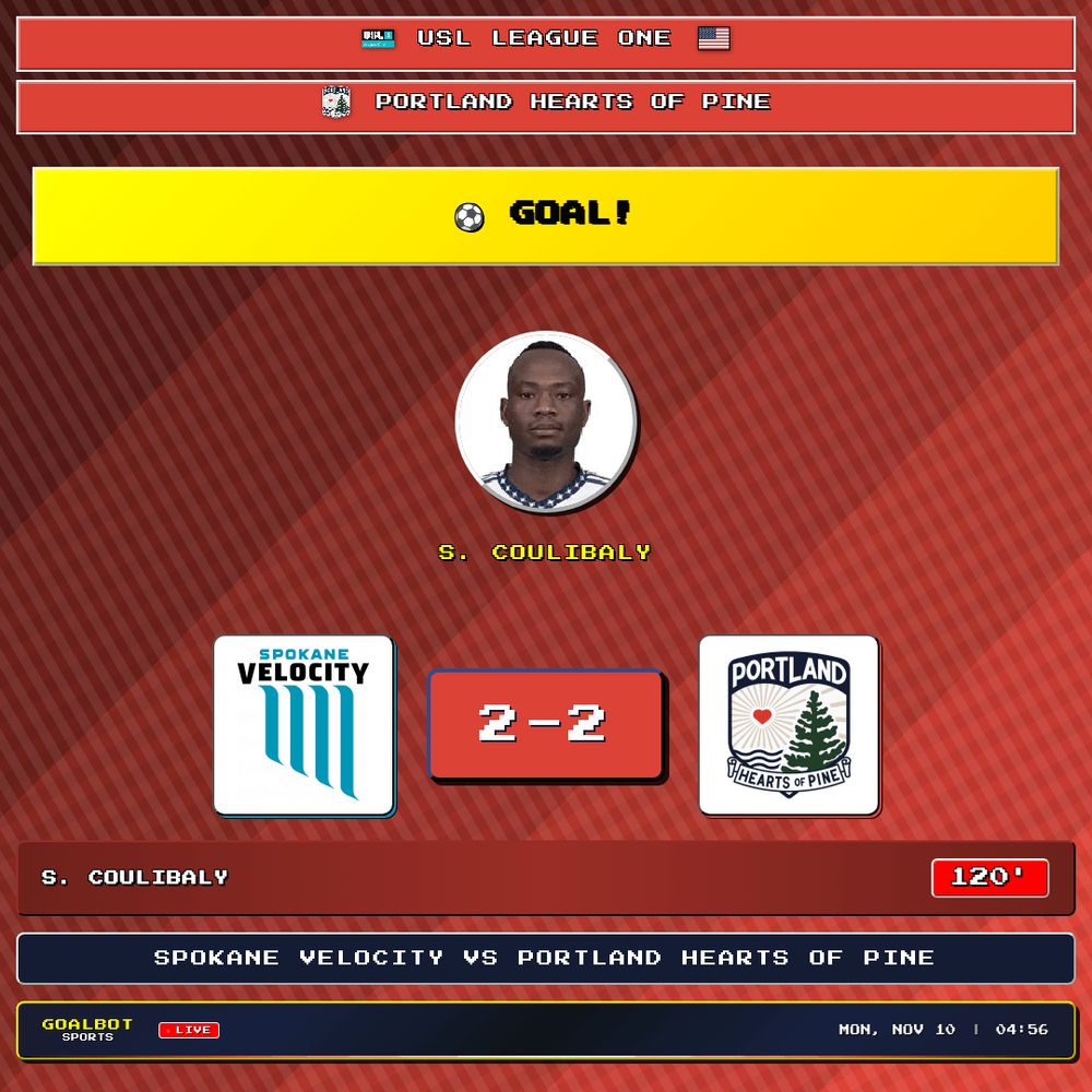 GOAL! 120' — S. Coulibaly scores for Portland Hearts of Pine. Spokane Velocity 2–2 Portland Hearts of Pine. USL League One

#spokanevelocity #portlandheartsofpine #uslleagueone