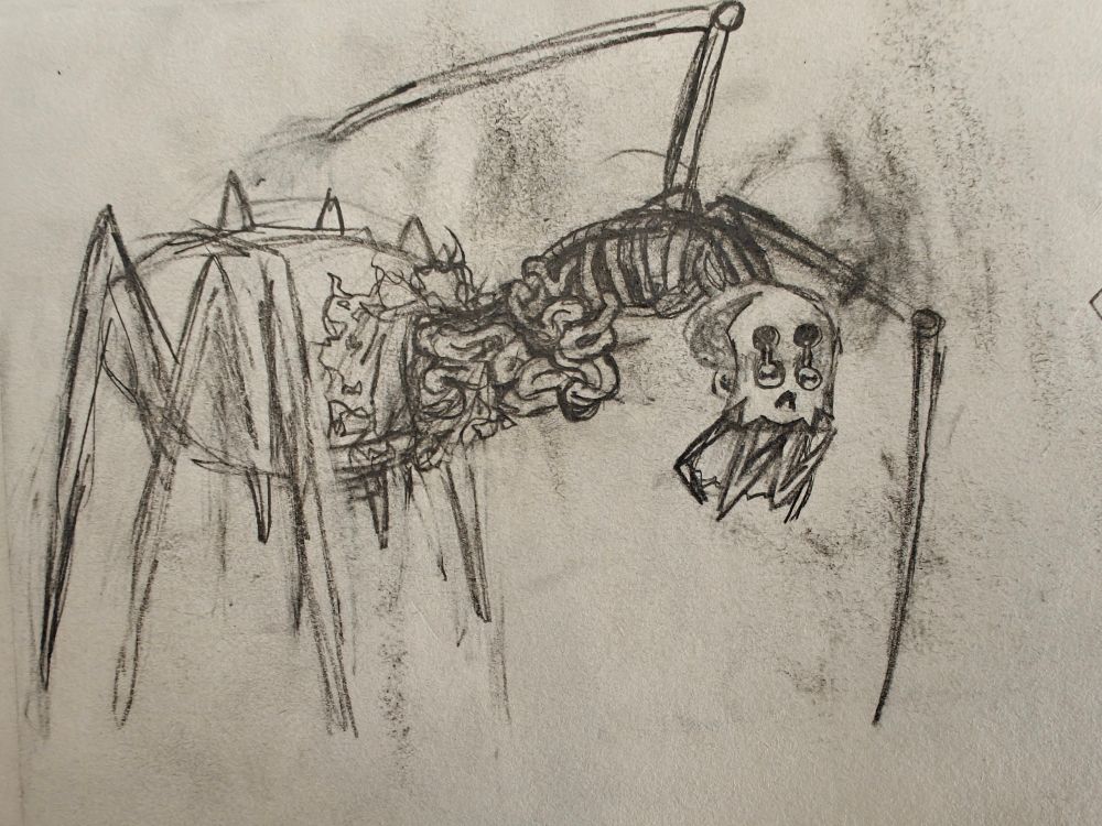 Gorey spider skeleton creature with it's guts out