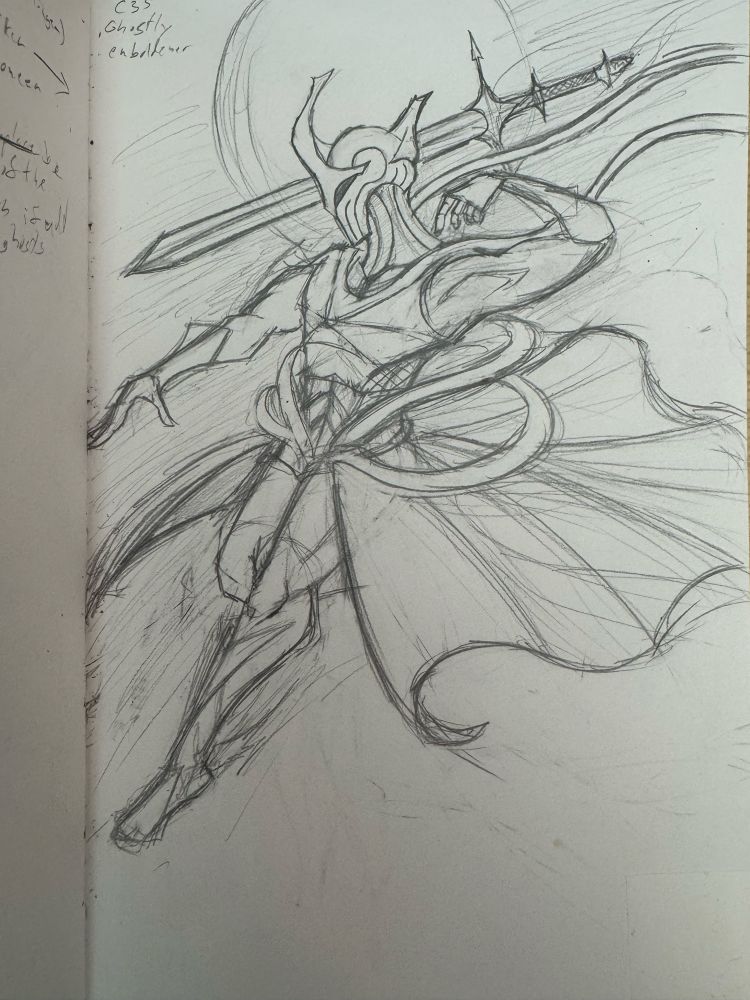 Pencil sketch of a partly designed knight midair with a sword hovering next to them and their skirt billowing