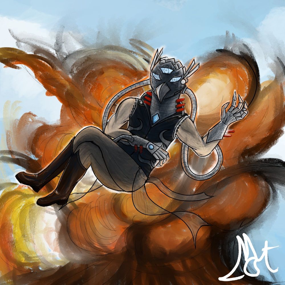 Full body painting of Magichemist, a cyborg with a avian helmet and gauntlets, framed by an explosion