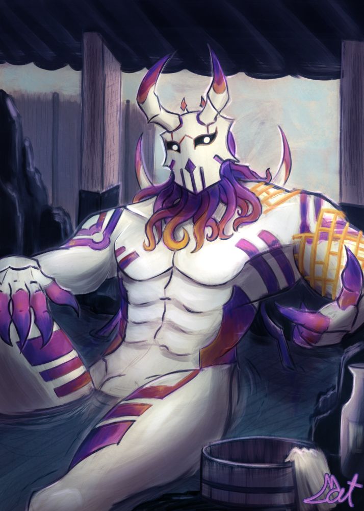 Hexyl, an octopus anthro, invites you to join them in the hot spring. Their white skin complimented with ranges from purple to orange markings.