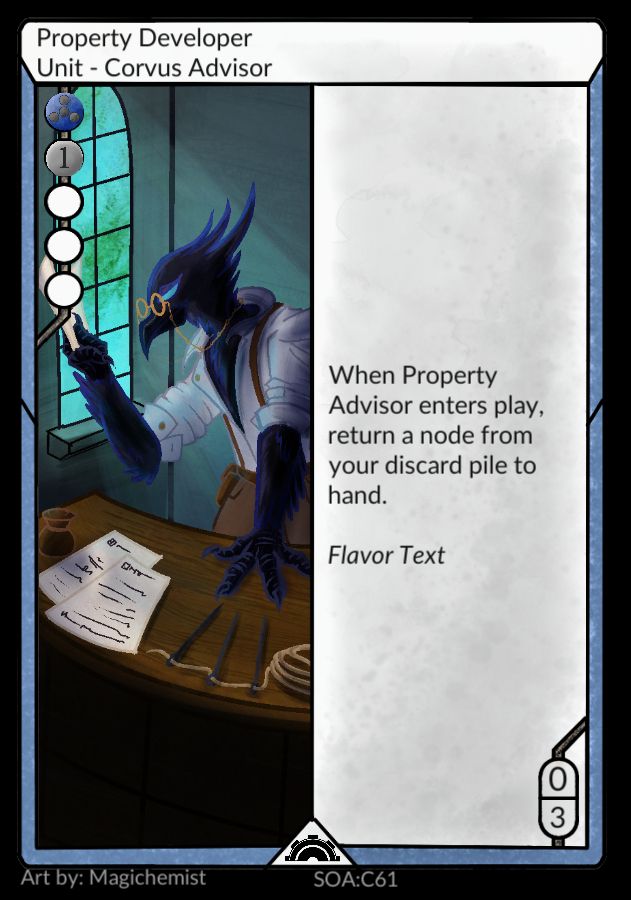 Property Developer from Aspects of Aurum. The art depicts an avian pouring over land deeds.