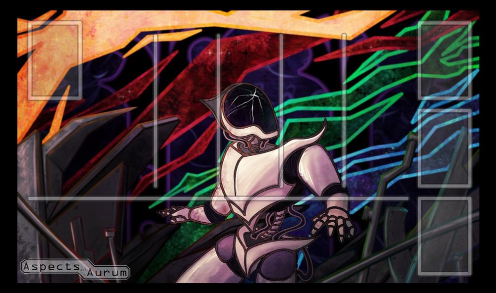 A playmat designed for Aspects of Aurum. The art depicts Reshir, an ancient robot, surrounded by ruins and below an energized sky