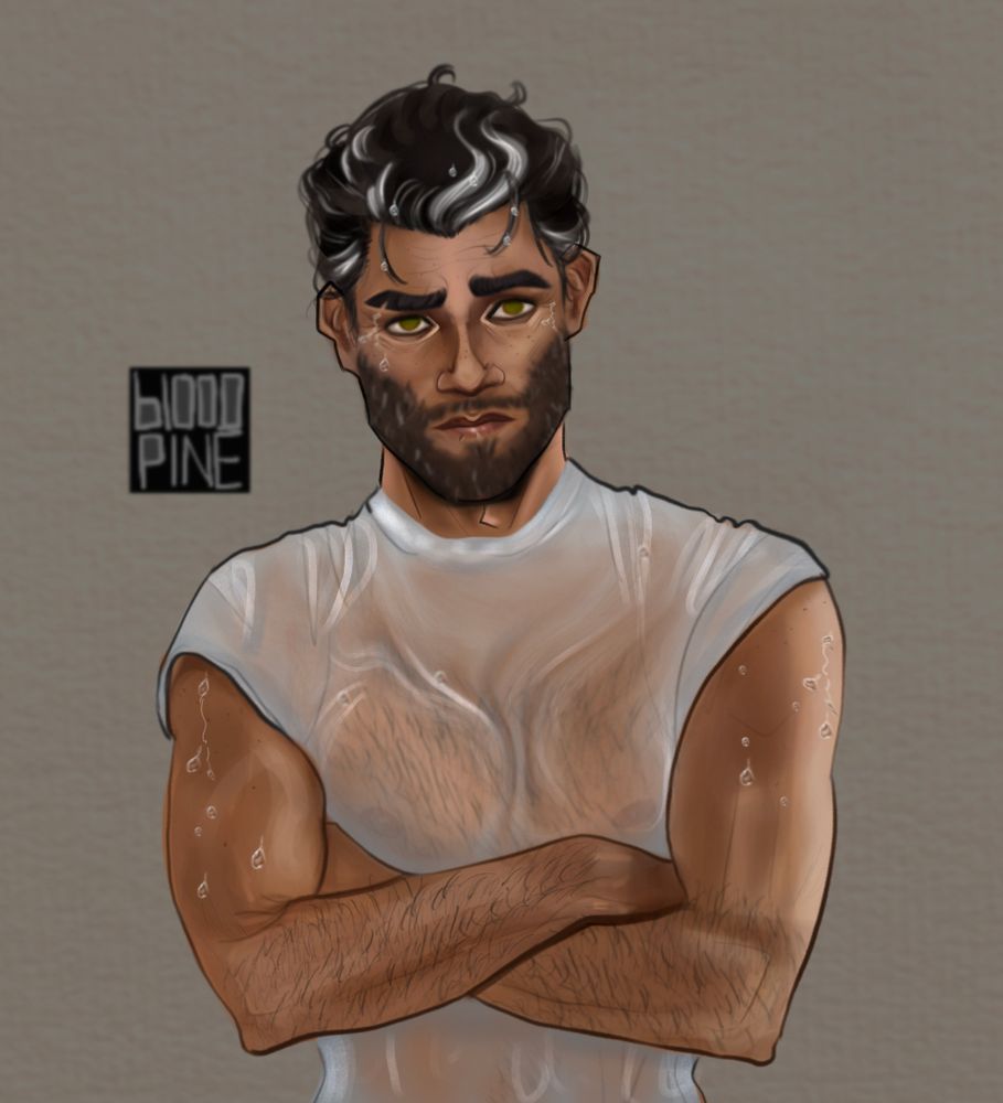 Jayce is standing with his arms crossed. His shirt is soaked and you can see his chest hair and nipples through is shirt. He has water droplets running down his arms and his face and on his hair. 