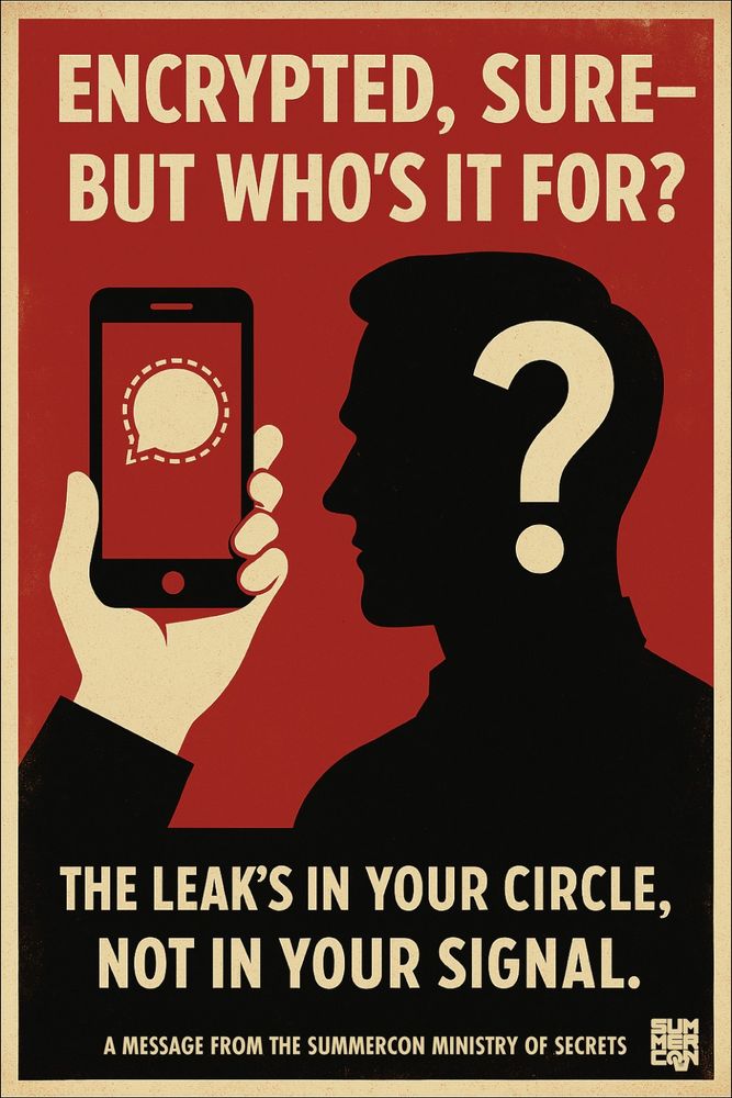 Image description
A wartime poster reminding the audience to use good OPSEC discipline, even when using encrypted messages from Signal.

The text reads:
"ENCRYPTED, SURE-
BUT WHO'S IT FOR?

THE LEAK'S IN YOUR CIRCLE,
NOT IN YOUR SIGNAL."

A MESSAGE FROM THE SUMMERCON MINISTRY OF SECRETS

The graphic shows a hand holding a mobile device running Signal and a silhouette of a man with a large question mark on his head.