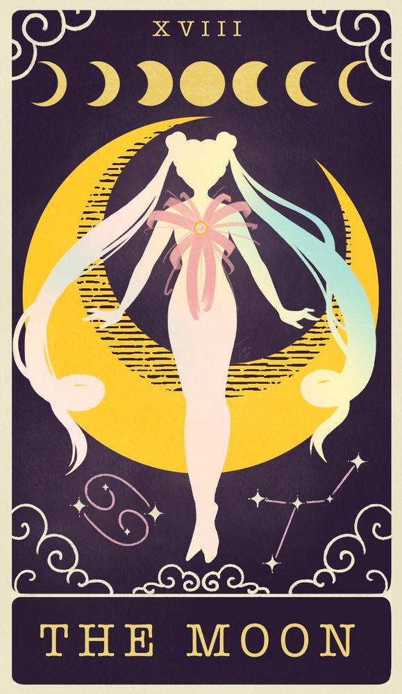 A tarot card (The Moon) - Sailor Moon’s silhouette appears in the foreground in the midst of her transformation, glowing as pink ribbons wrap around her torso. Behind her is a large waning moon on a deep purple backdrop. Underneath there are swirly clouds and constellations representing the star sign Cancer. 
