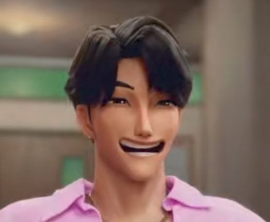 Jinu from K-Pop Demon Hunters with a comically round open-mouth grin of smug childlike amusement.