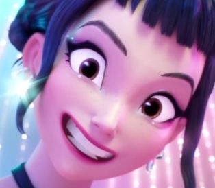 Zoey from K-Pop Demon Hunters staring directly at the camera with her head tilted, a wide toothy smile, and "crazy eyes".