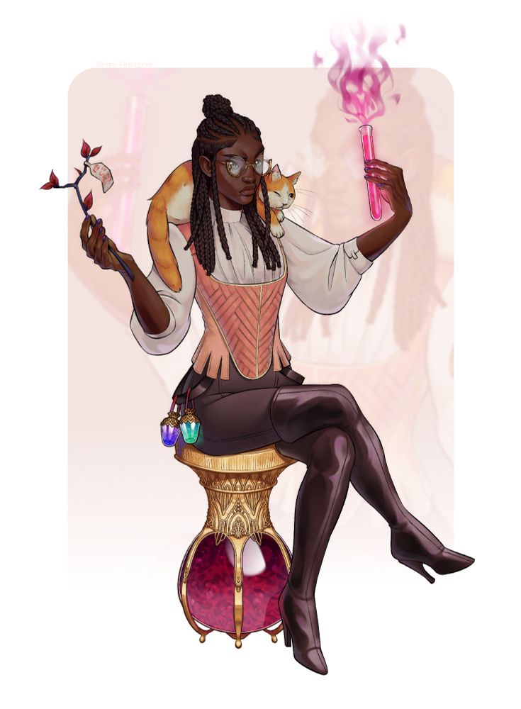 A drawing of a black woman with braids and glasses, wearing black thigh-high boots and a light pink corset, sitting on top of a stool designed to look like a giant show globe. She has an orange and white cat laying across her shoulders, and she is holding a potion in one hand and a plant with the tag "Do not use!!!" in the other. She has a puzzled look on her face.