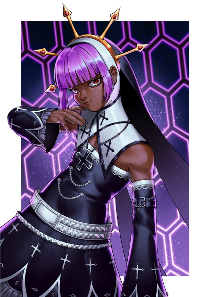 en: Digital drawing of "The Bishop", from ABYSS X ZERO. He has black skin, light purple hair and brown eyes. He wears a nun-like black dress with white accents, and a golden tiara with red jewels. He stares at the viewer with a neutral expression, raising a hand up to his face. The background illuminates him with a soft purple glow.

pt: Um desenho digital do "Bishop" (Bispo) de ABYSS X ZERO. Ele tem pele negra, cabelo roxo-claro e olhos castanhos. Ele veste um vestido similar à uma freira, preto com detalhes brancos e uma tiara dourada com jóias vermelhas. Ele olha para o espectador com uma expressão neutra, levantando uma mão à sua cara. O fundo ilumina-o com um brilho suave de cor roxa.