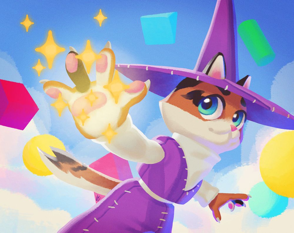Digital drawing of a cat-witch, with orange, white and black fur, and purple and white clothes. She is holding her hand toward the camera, casting a spell. Behing her, there is a blue sky with fluffy clouds, and various floating colorful objects.

Desenho digital de uma gata-bruxa, com pelo laranja, branco e preto, com roupas roxas e roxas. Ela está levantando a sua mão em direção à câmera, lançando um feitiço. Atrás dela, há um céu azul com nuvens fofas, e vários objetos coloridos flutuantes.