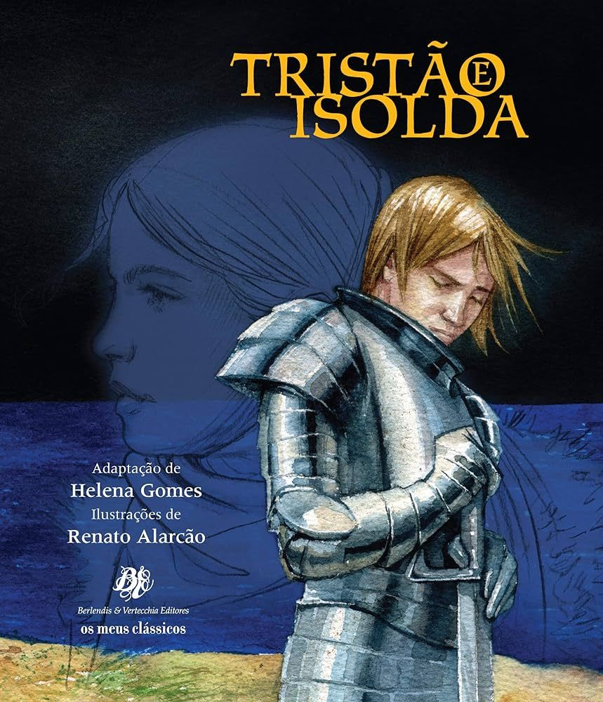 Capa do livro Tristão e Isolda, onde mostra tristão em sua armadura de cabeça baixa e Isolda como uma lembrança e ao fundo o mar e o céu escuro.