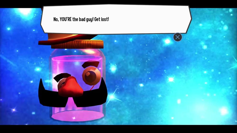 A scene from A Hat In Time showing the Mafia Boss character (formerly a villain) in a jar saying "No, YOU'RE the bad guy! Get lost!" to an offscreen character. This represents the userbase of Bluesky telling Elon Musk to get lost.