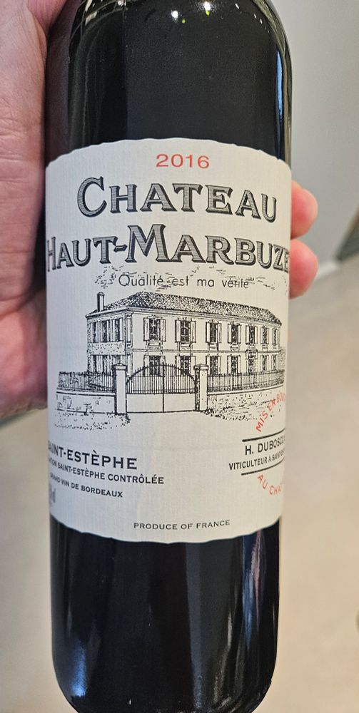 Chateau Haut Marbuzet Saint Estephe Rouge 2016, Bordeaux, France 

Dark ruby in color with a wide reddish rim.

Fruity nose of black fruits with wood, earth, vegetables, licorice and spices.

Medium plus in body with medium plus acidity.

Dry on the palate with nice complexity.

Showing red and blue fruits with light wood, tobacco leaf, vegetables, spices, peppercorn, chocolates, graphite and dark coffee.

This 9 year old Cabernet Sauvignon based blend from Saint Estephe still feels young and needs a few more years in the bottle to mature properly. Will continue to age nicely in the next 10 years.

Good by itself and will pair nicely with a big piece of steak. 

A blend of 50% Cabernet Sauvignon, 40% Merlot, 5% Petit Verdot and 5% Cabernet Franc. Aged in all new French oak barrels for 15 months. 

13.5% alcohol by volume. 

91 points.

$65. 