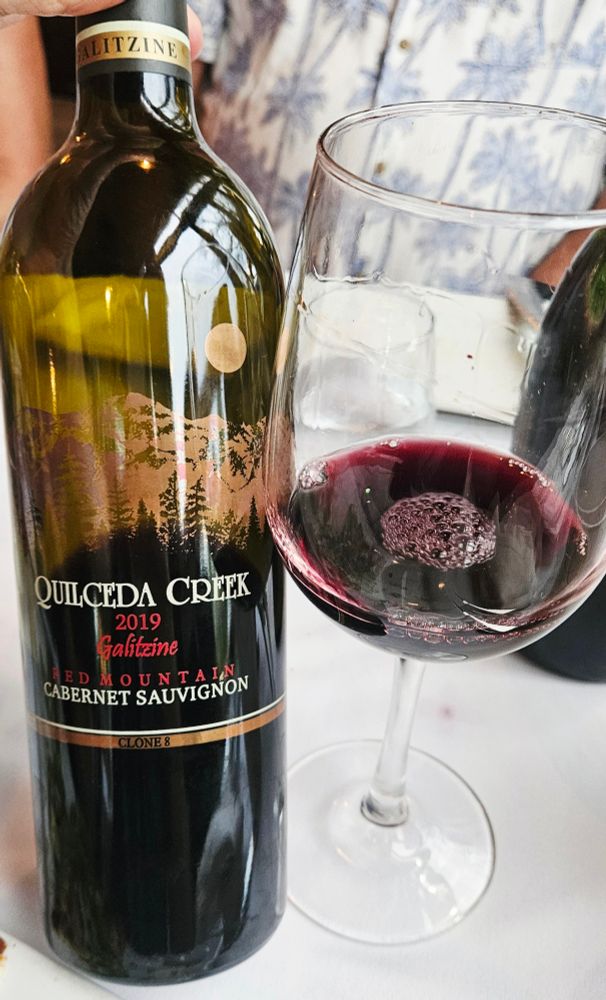 Quilceda Creek Winery Clone 8 Galitzine Vineyard Cabernet Sauvignon 2019, Red Mountain, Washington State 

It is time for my #FridayCabernetfix. 

Dark purple in color with a wide purplish rim.

Beautiful nose of black fruits with cedar, vanilla, leather, spices, earth, chocolates, tobacco and peppercorn.

Full-bodied with medium acidity.

Dry and fruit forward on the palate with black currants, plums, cooked cherries, blackberries, cedar, vanilla, spices, chocolates, tobacco, light earth and herbs.

Long finish with fine grained tannins and tangy cherries.

This is a gorgeous Cabernet Sauvignon from Red Mountain in Washington State. Elegant and fruity. Smooth and soft. 

This 6 year old is showing nice complexity at this point, and will continue to age nicely in the next 10 to 15 years. Showing good potential to become a 95+ point wine. 

This Single Vineyard Cabernet Sauvignon is good right out of the bottle, and better after 90 minutes of airtime. 

Spicy, entertaining, and the high alcohol is well integrated by now.  

Good by itself as a sipping wine or with a nice piece of steak. 

100% Cabernet Sauvignon grapes were aged for 20 months in all new French oak barrels. 

14.8% alcohol by volume. 

93 points.

$150. 