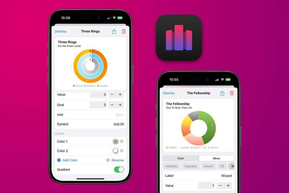 Screenshots of Charty 2.0 showing the UI to update ring charts values and the new gradients on donut charts