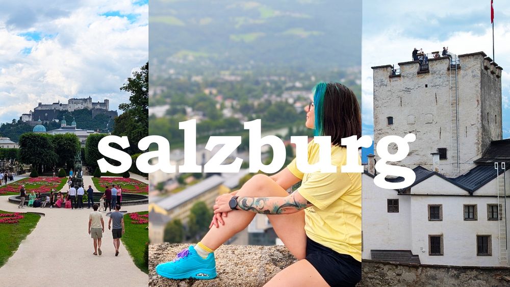 A scenic collage of Salzburg, Austria. On the left, Mirabell Gardens with manicured flower beds and people walking, with Hohensalzburg Fortress towering in the background. In the center, 2DKiri sits on a ledge, overlooking a panoramic view of the city while wearing a yellow shirt and turquoise sneakers. On the right, a close-up of a white medieval fortress tower with people on the viewing platform at the top. The word "salzburg" in bold white text spans across the center.