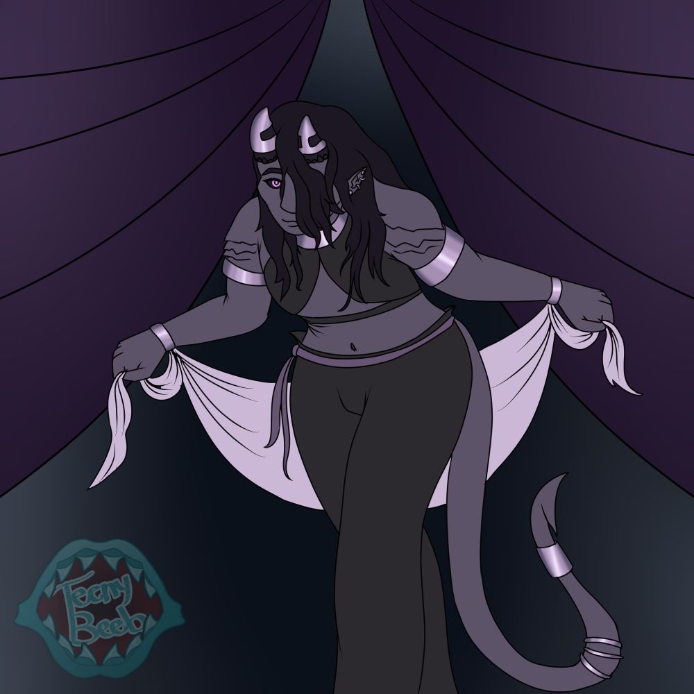 A light purple tiefling (Seneca) bows on a stage to the audience. He is adorned with small metal bands on his horns, arms, wrists, and tail.