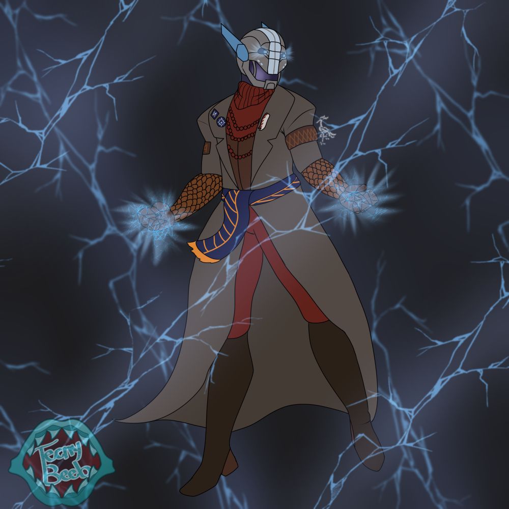 An exo arc warlock (Cogito-4) floats among a lightening storm, his eyes and hands light up with Arc energy. 