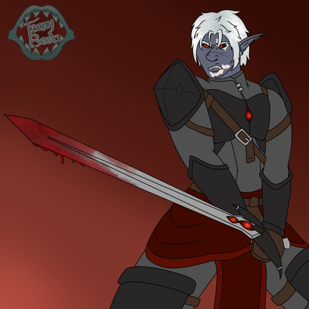 A drow with short silver hair (Ravia) holds his sword (Anu) out in a cool pose. The sword tip is covered in blood. 