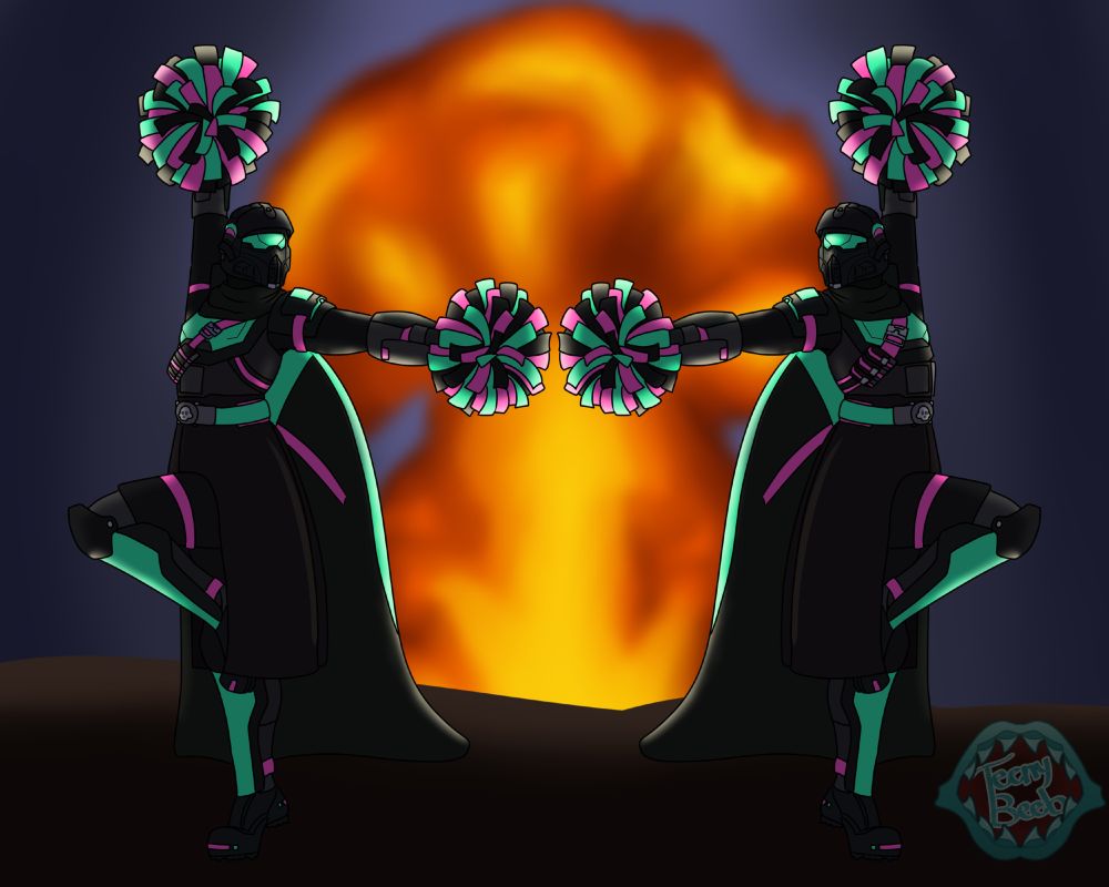 Two identical helldivers (Twins) do cheer poses forming and H in front of a large explosion.